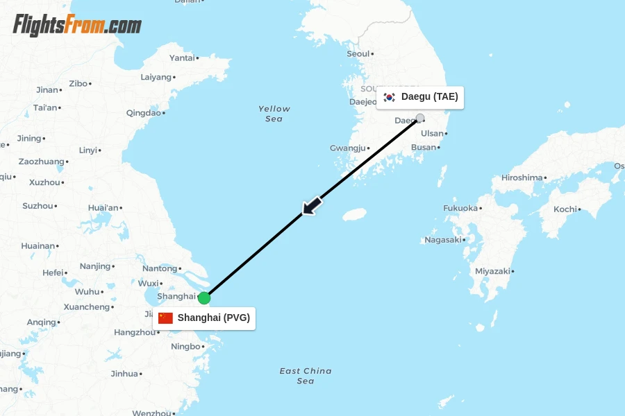 Flights from Daegu to Shanghai route map