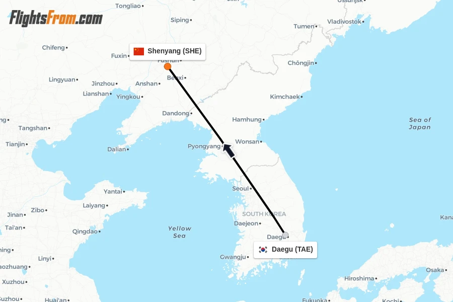 Flights from Daegu to Shenyang route map