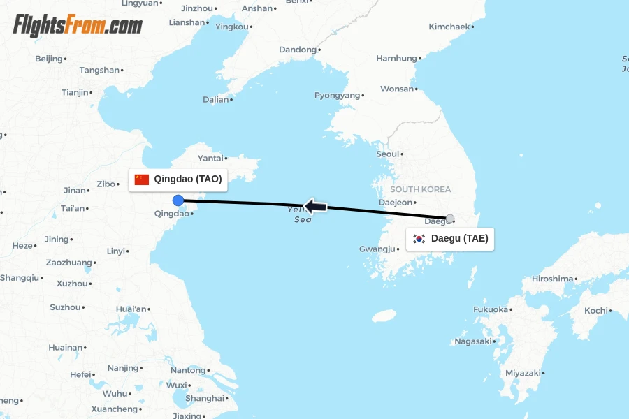 Flights from Daegu to Qingdao route map