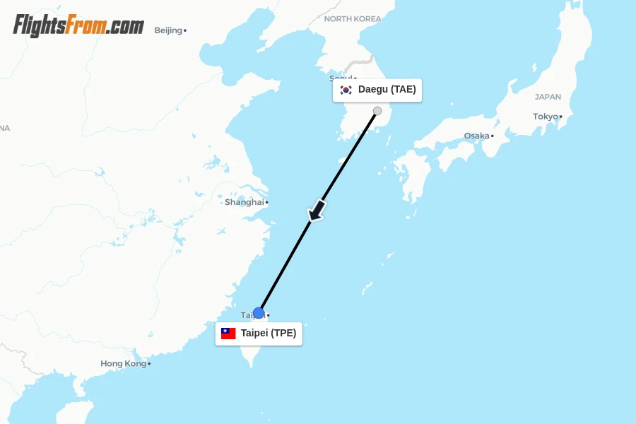 Flights from Daegu to Taipei route map