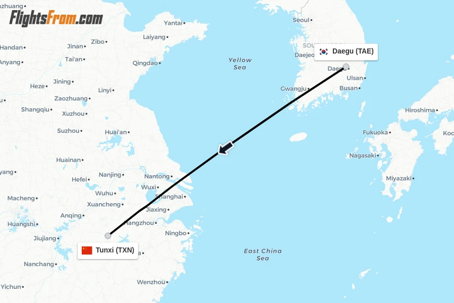 Flights from Daegu to Tunxi route map