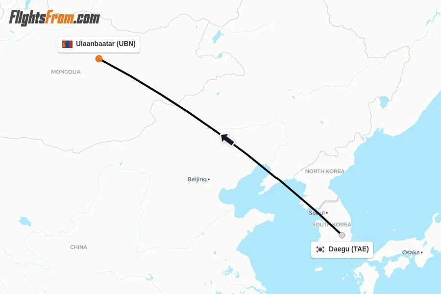 Flights from Daegu to Ulaanbaatar route map