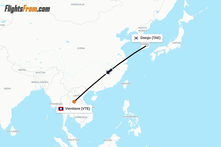 Flights from Daegu to Vientiane route map