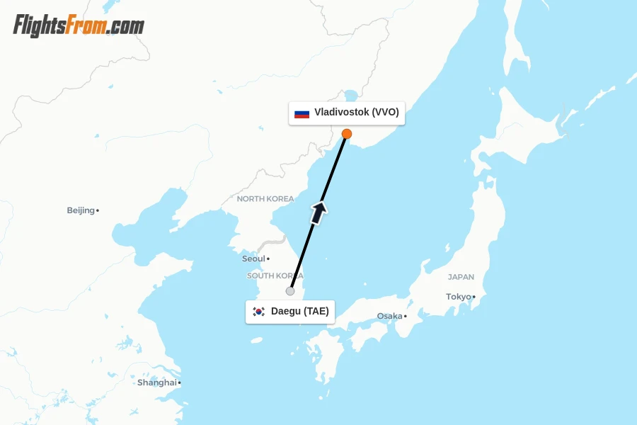 Flights from Daegu to Vladivostok route map