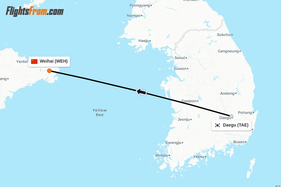Flights from Daegu to Weihai route map