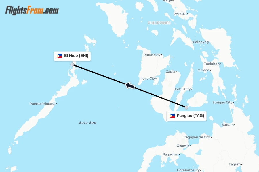 Flights from Panglao to El Nido route map