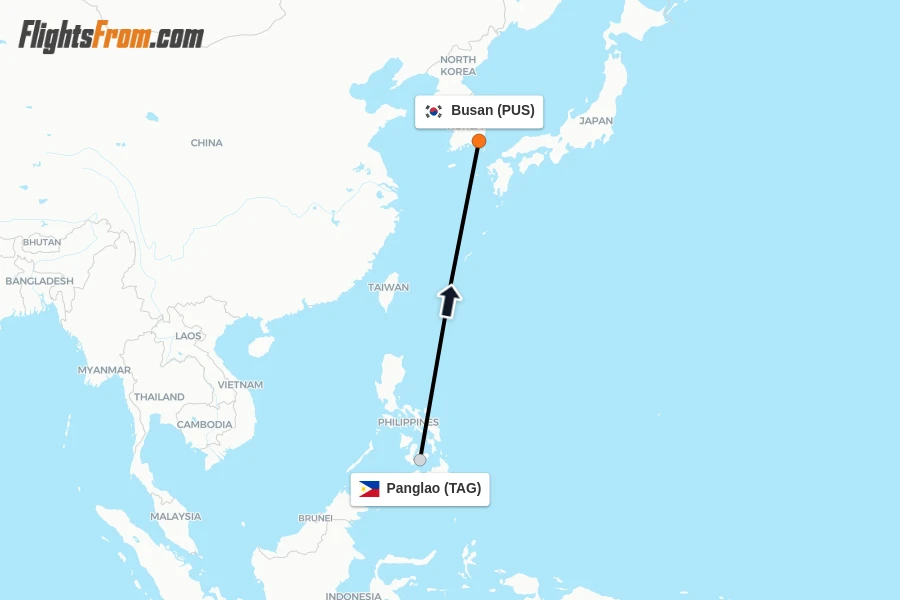 Flights from Panglao to Busan route map