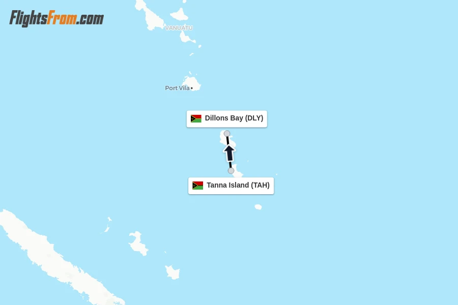 Flights from Tanna Island to Dillons Bay route map