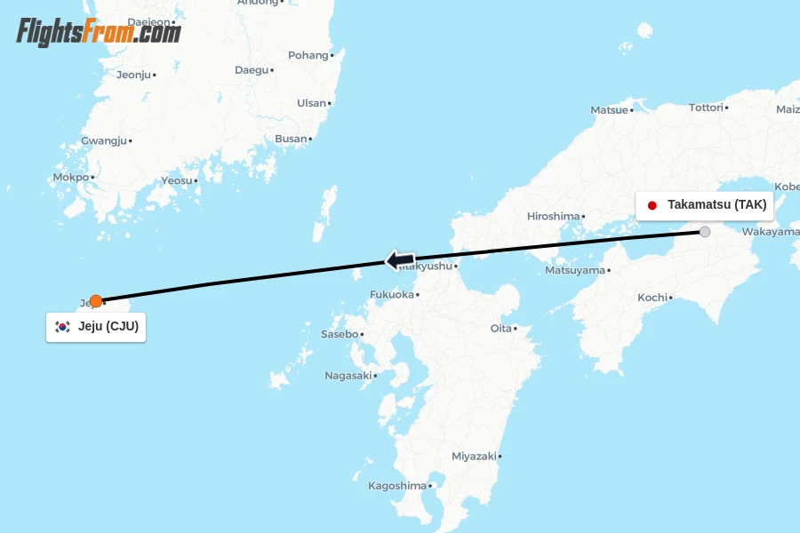 Flights from Takamatsu to Jeju route map