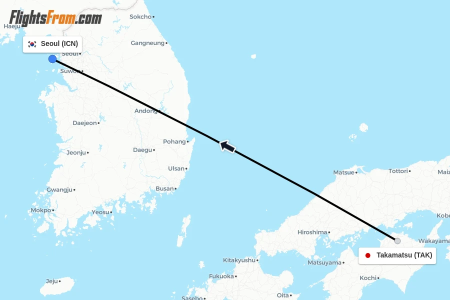 Flights from Takamatsu to Seoul route map