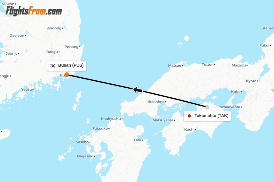Flights from Takamatsu to Busan route map