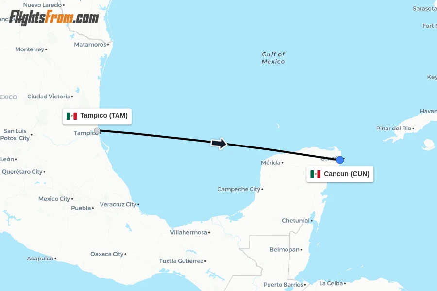 Flights from Tampico to Cancun route map
