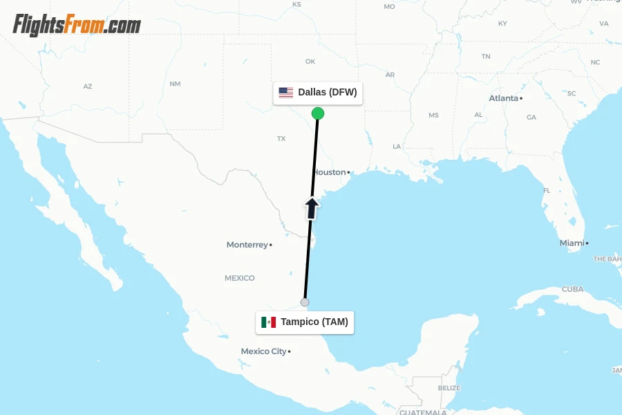 Flights from Tampico to Dallas route map