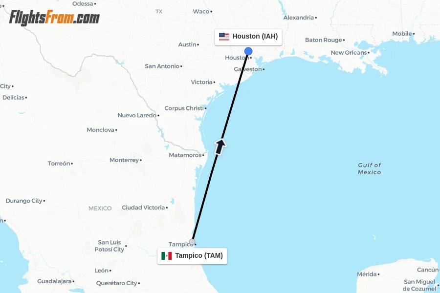 Flights from Tampico to Houston route map