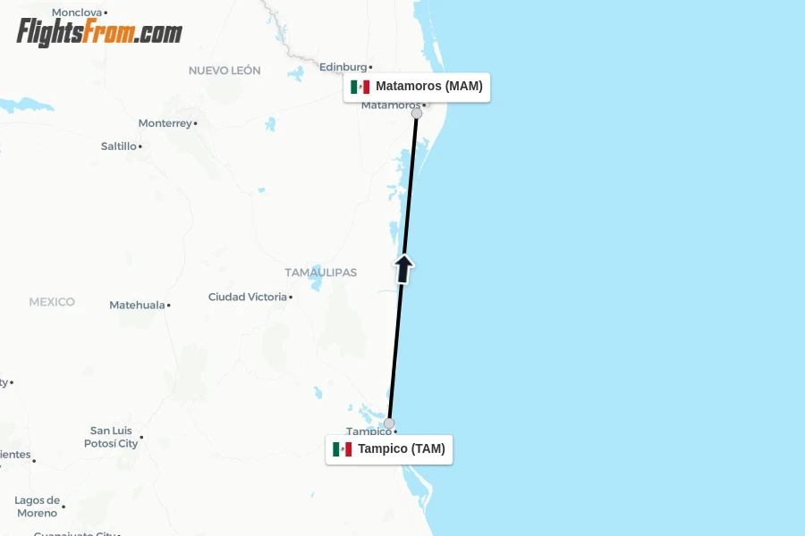 Flights from Tampico to Matamoros route map