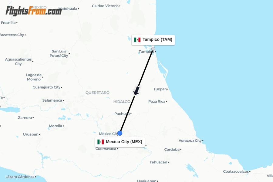 Flights from Tampico to Mexico City route map