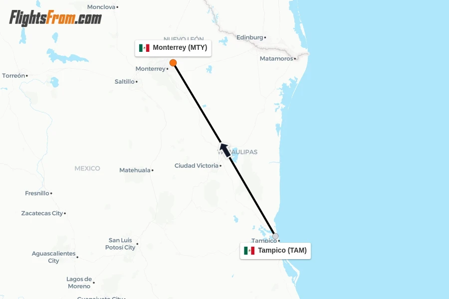 Flights from Tampico to Monterrey route map
