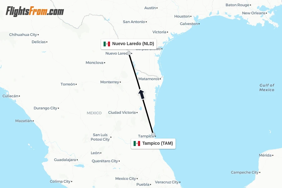 Flights from Tampico to Nuevo Laredo route map
