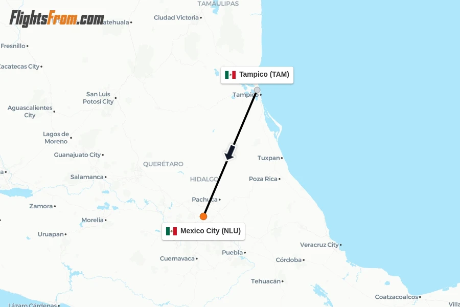 Flights from Tampico to Mexico City route map