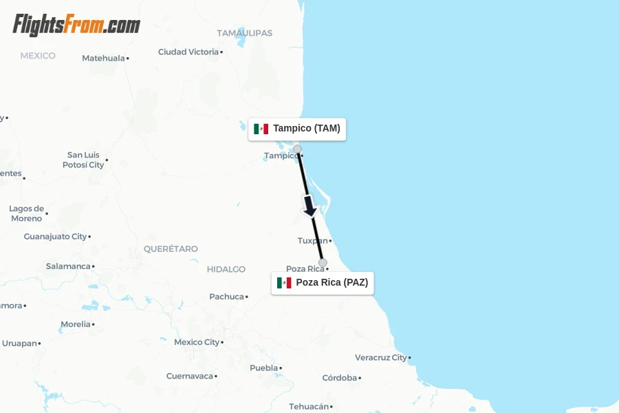 Flights from Tampico to Poza Rica route map