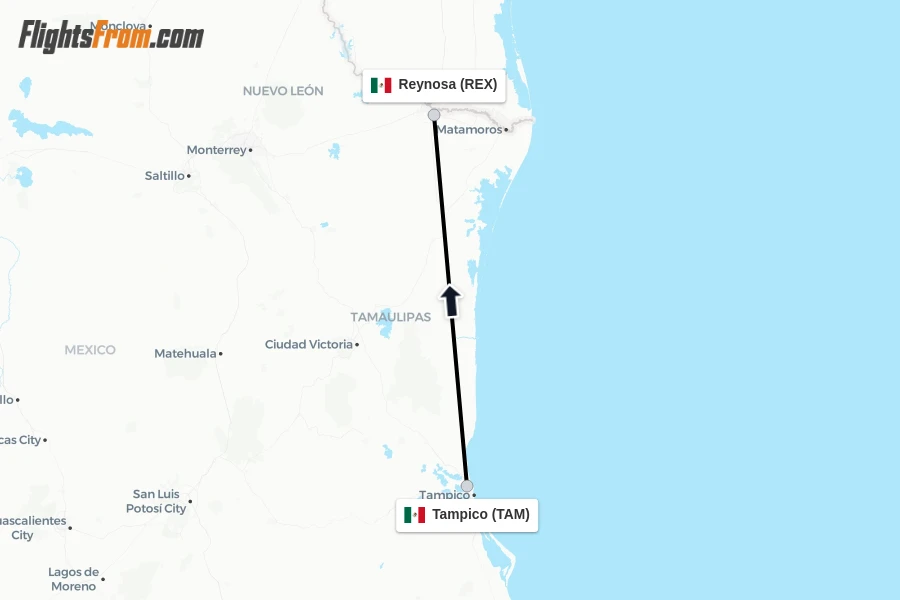 Flights from Tampico to Reynosa route map