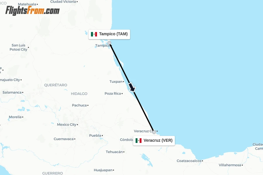 Flights from Tampico to Veracruz route map