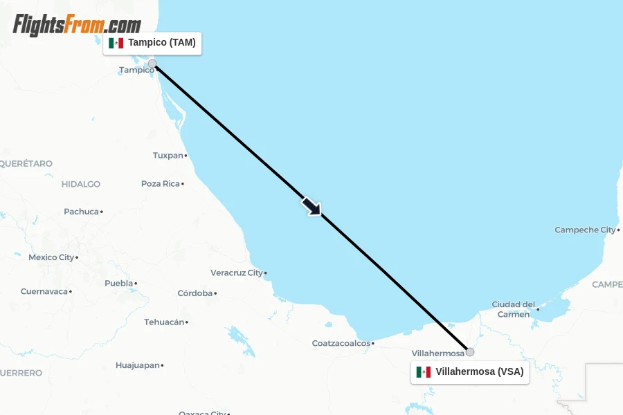 Flights from Tampico to Villahermosa route map