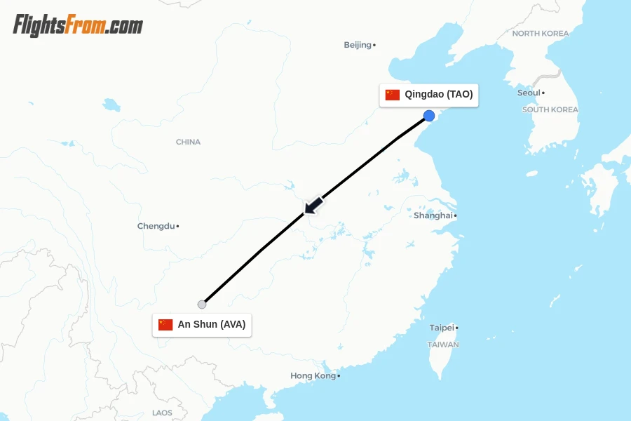 Flights from Qingdao to An Shun route map