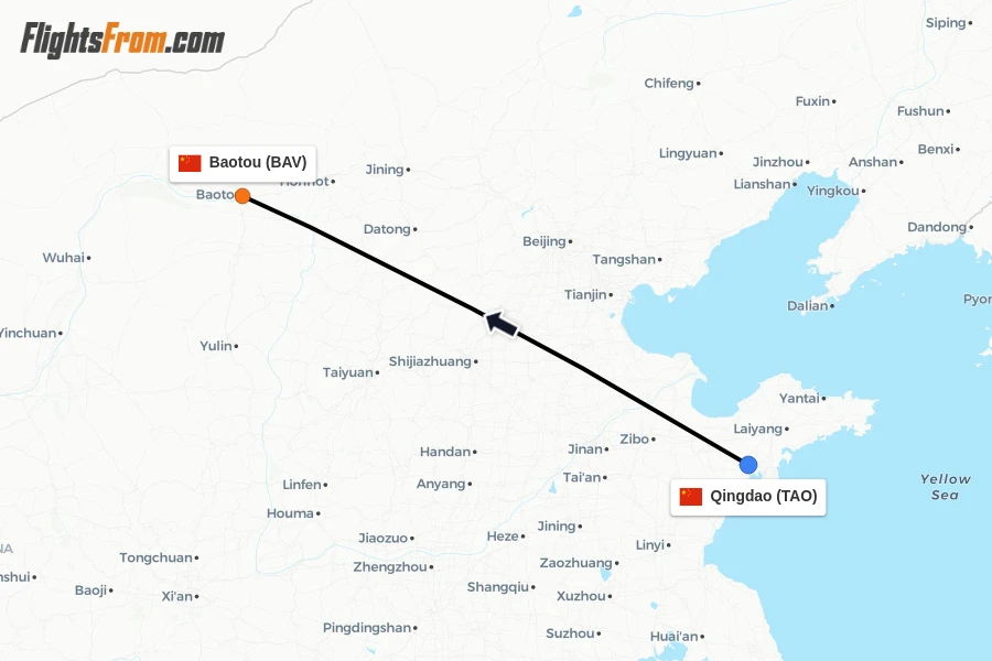Flights from Qingdao to Baotou route map