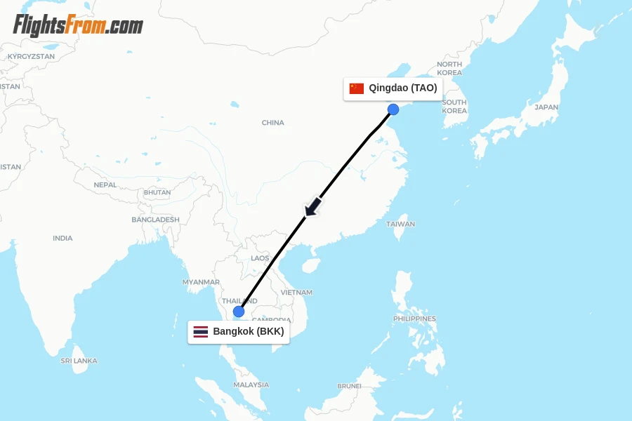 Flights from Qingdao to Bangkok route map