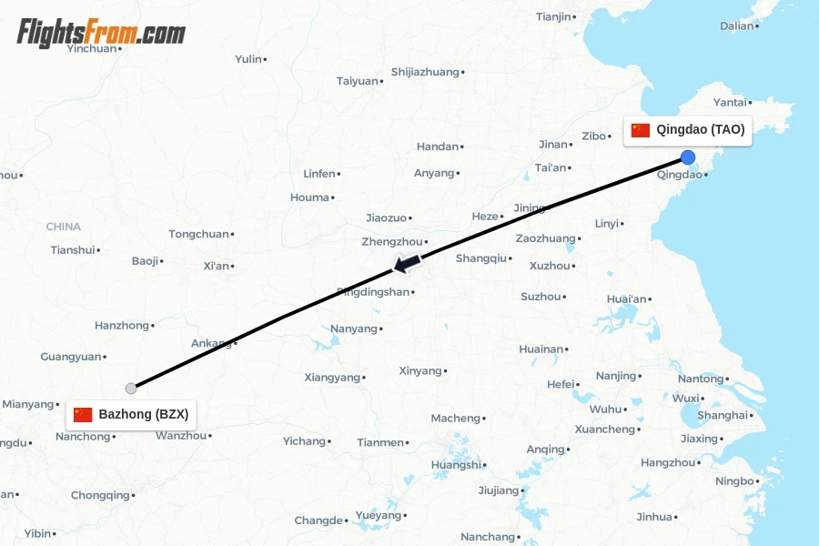 Flights from Qingdao to Bazhong route map