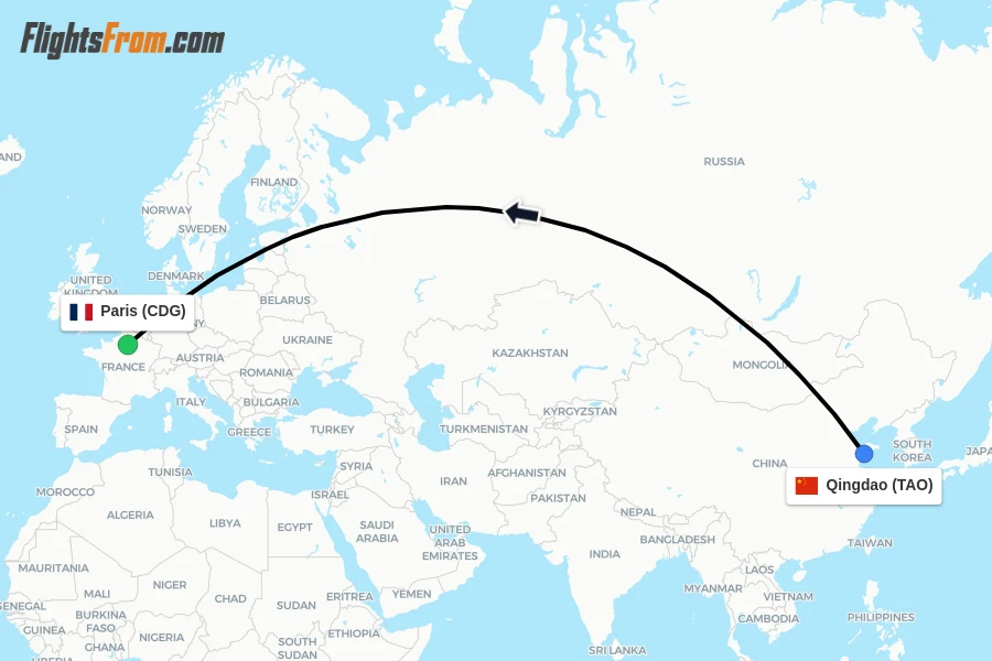 Flights from Qingdao to Paris route map
