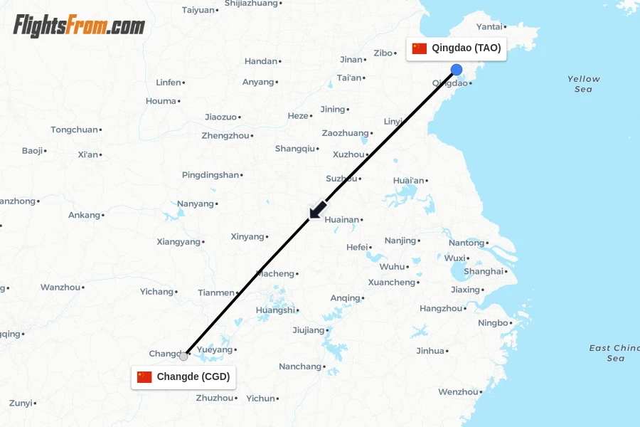 Flights from Qingdao to Changde route map