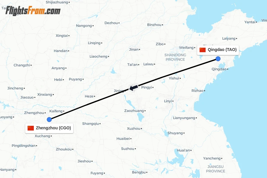 Flights from Qingdao to Zhengzhou route map