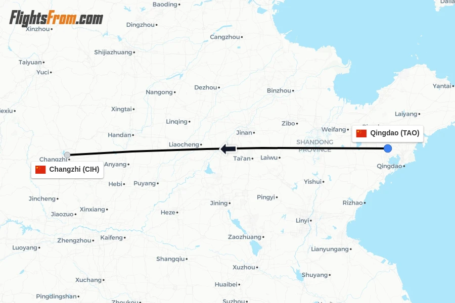 Flights from Qingdao to Changzhi route map