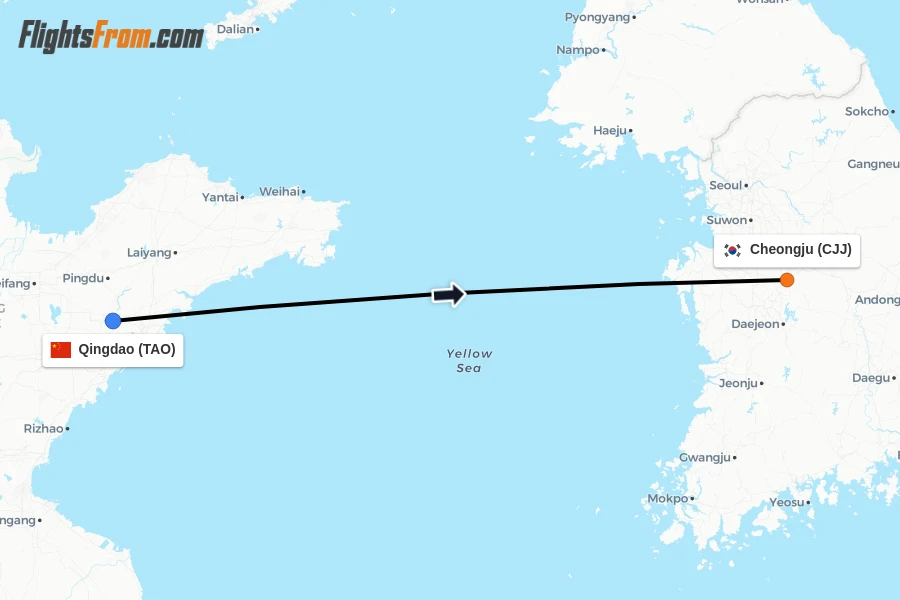 Flights from Qingdao to Cheongju route map