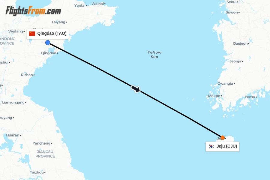 Flights from Qingdao to Jeju route map