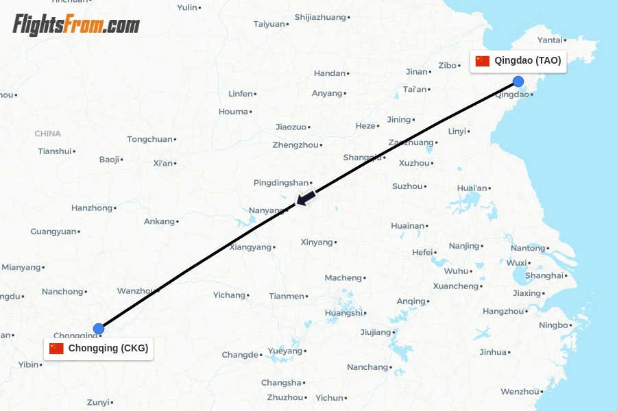 Flights from Qingdao to Chongqing route map