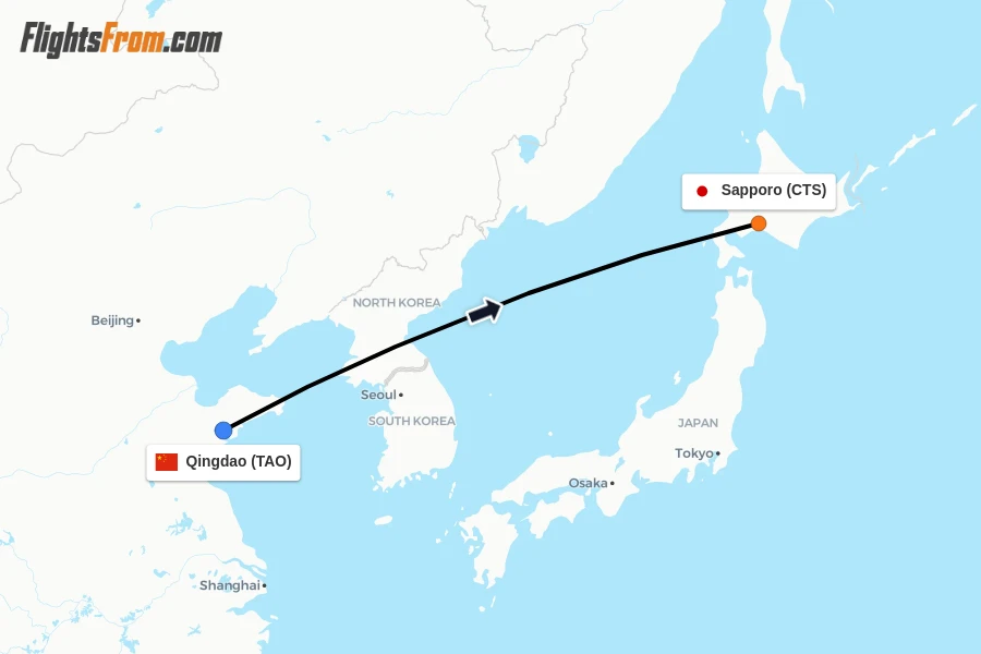 Flights from Qingdao to Sapporo route map