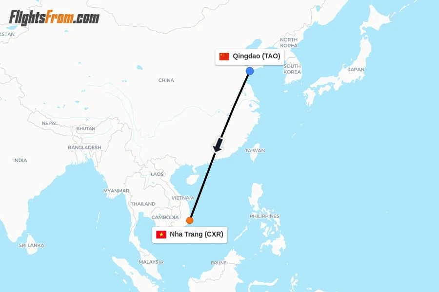 Flights from Qingdao to Nha Trang route map