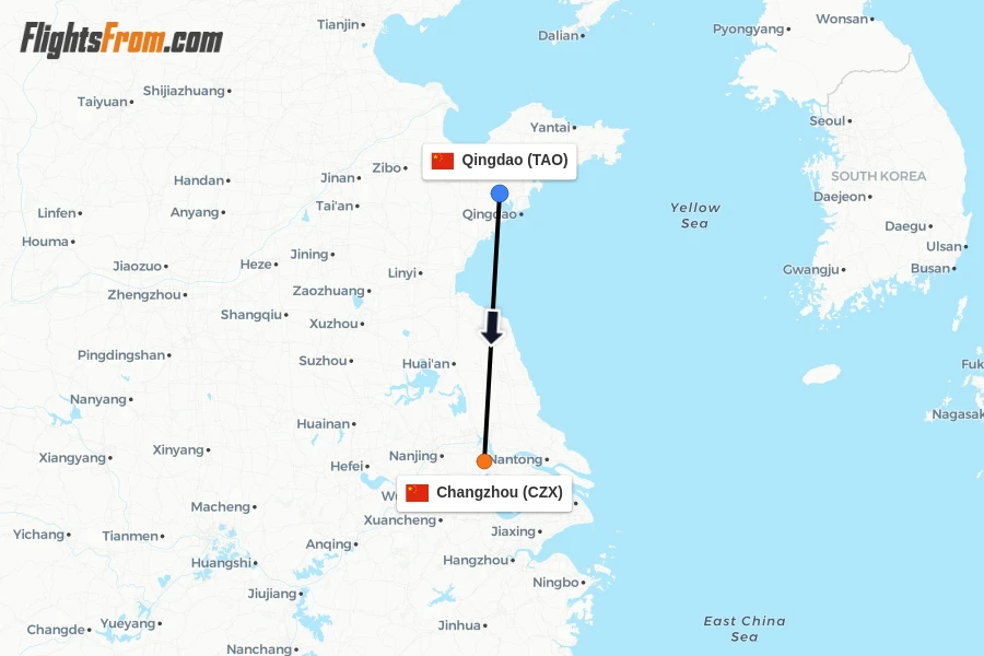 Flights from Qingdao to Changzhou route map