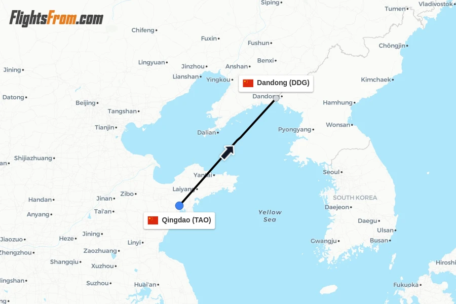 Flights from Qingdao to Dandong route map