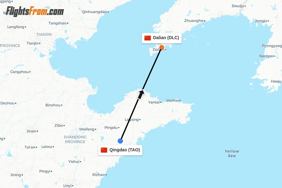 Flights from Qingdao to Dalian route map
