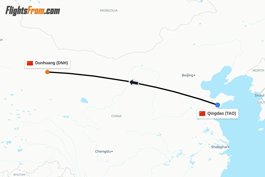 Flights from Qingdao to Dunhuang route map