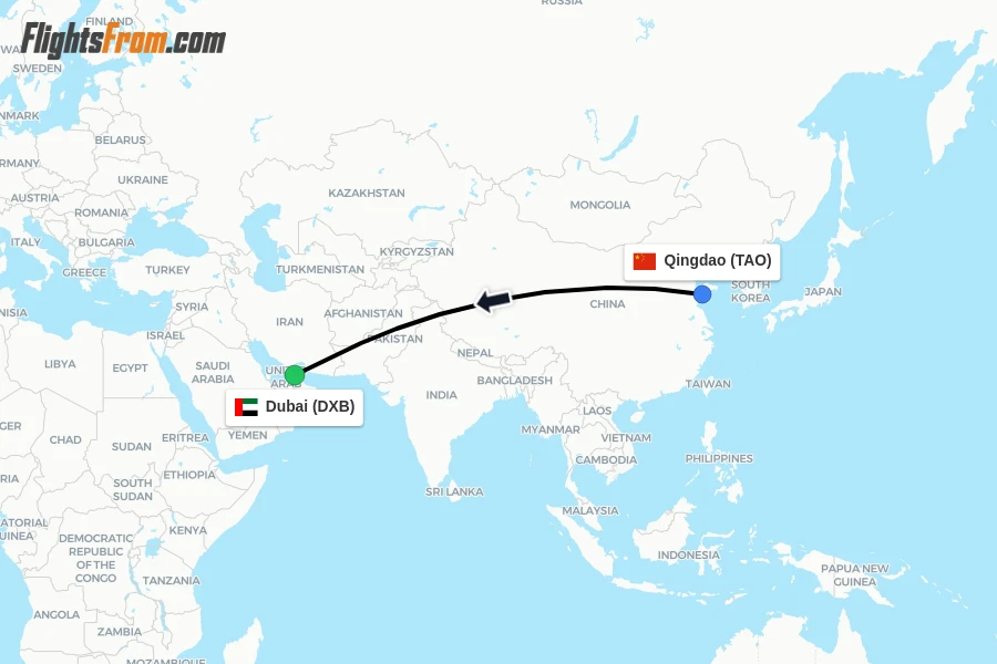 Flights from Qingdao to Dubai route map