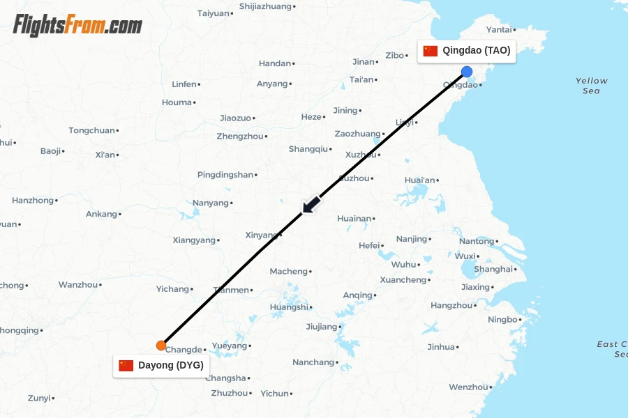 Flights from Qingdao to Dayong route map