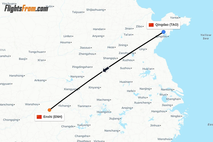 Flights from Qingdao to Enshi route map