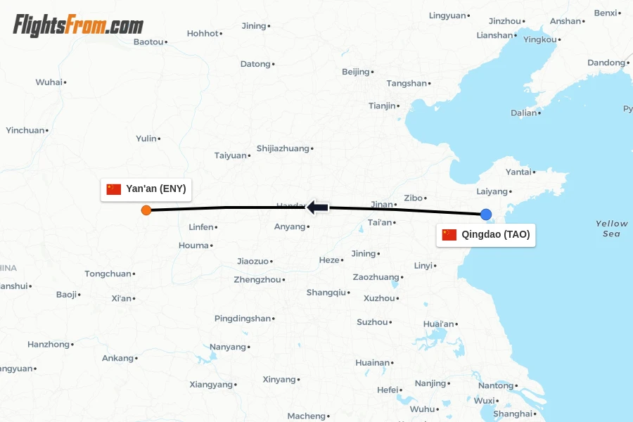 Flights from Qingdao to Yan'an route map