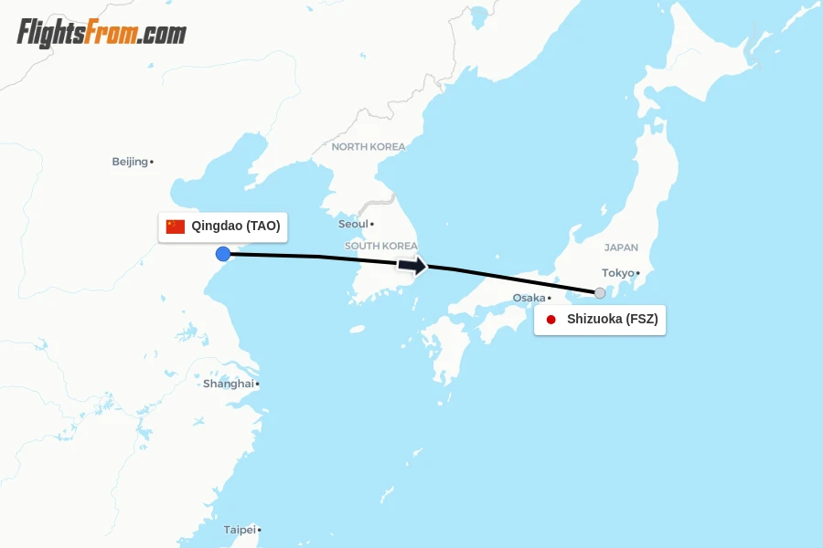 Flights from Qingdao to Shizuoka route map
