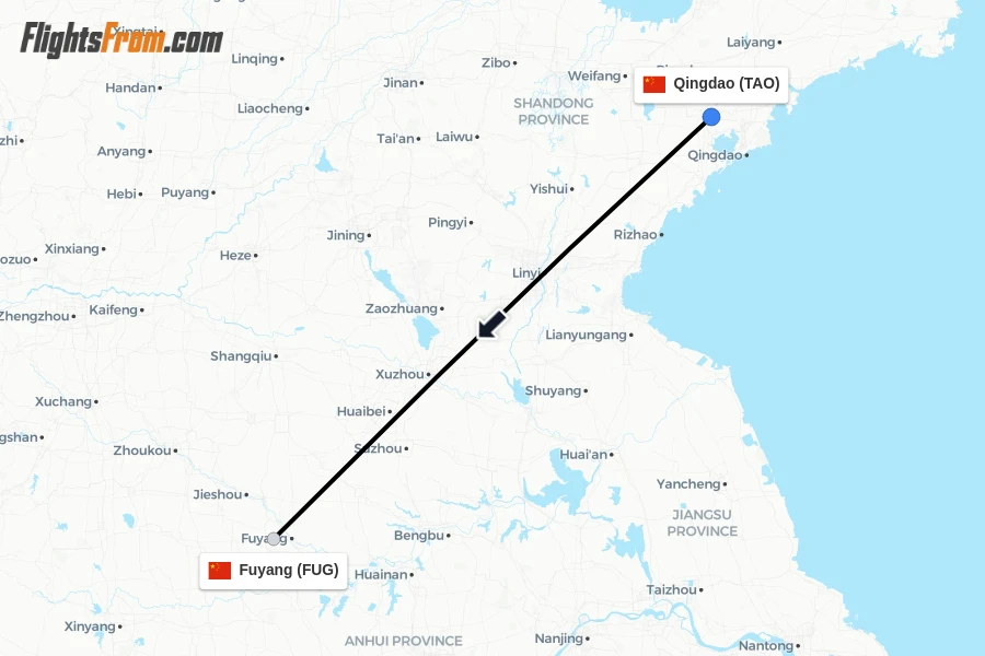 Flights from Qingdao to Fuyang route map